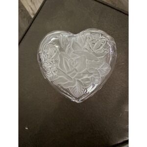 Vintage Frosted Winter Rose Glass Heart Candy Dish Trinket Box
